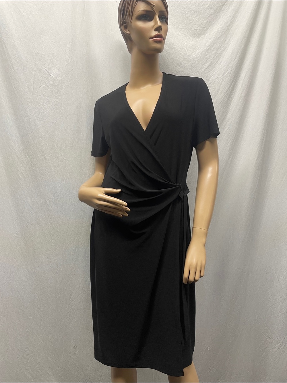 Anne Klein Women's Classic Black Faux Wrap Short Sleeve Midi Dress NWOT